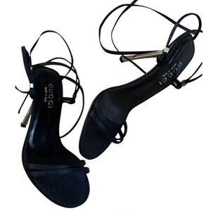 Gucci Navy Satin Lace-Up Heeled Sandals - Size 7B